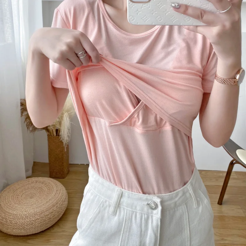 Woman Chest Expose Hidden Double Layers T-Shirts Breast Touch Hole Clothings Outdoor Sex Intimate Costume Pregnant Breastfeed