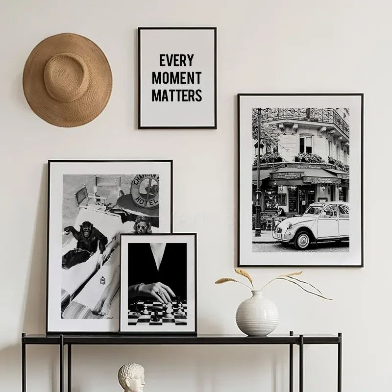 Black and White Vintage Wall Art Canvas Painting Fashion Women Leopard Car CD Posters And Prints Pictures For Living Room Decor