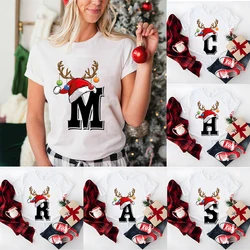 New 26 A~Z Christmas Alphabet T Shirt Women Casual Fashion T-shirt Short Sleeve Christmas Party Aesthetics White Tshirt Top