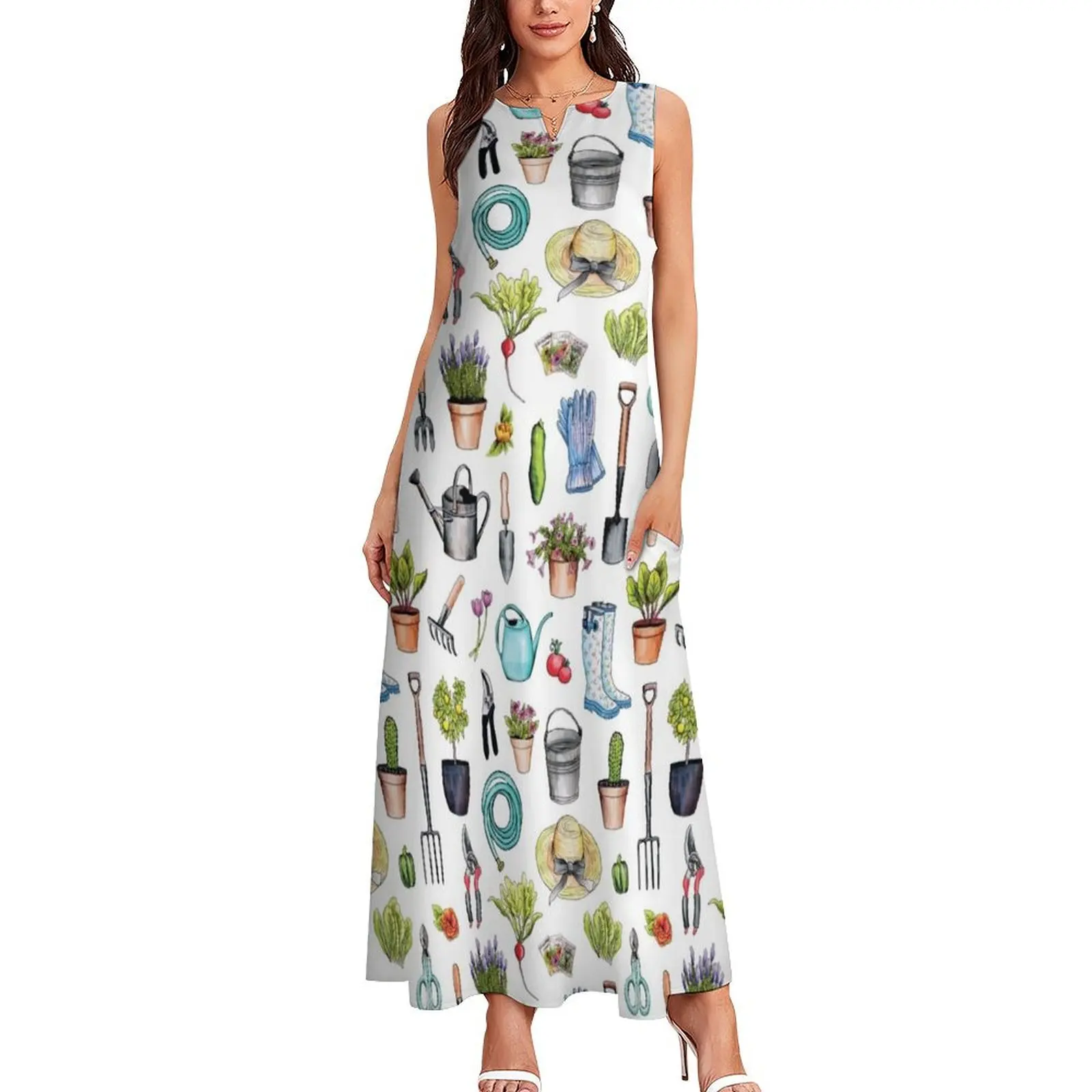 Garden Gear - Spring Gardening Pattern w/ Garden Tools & Supplies Long Dress women