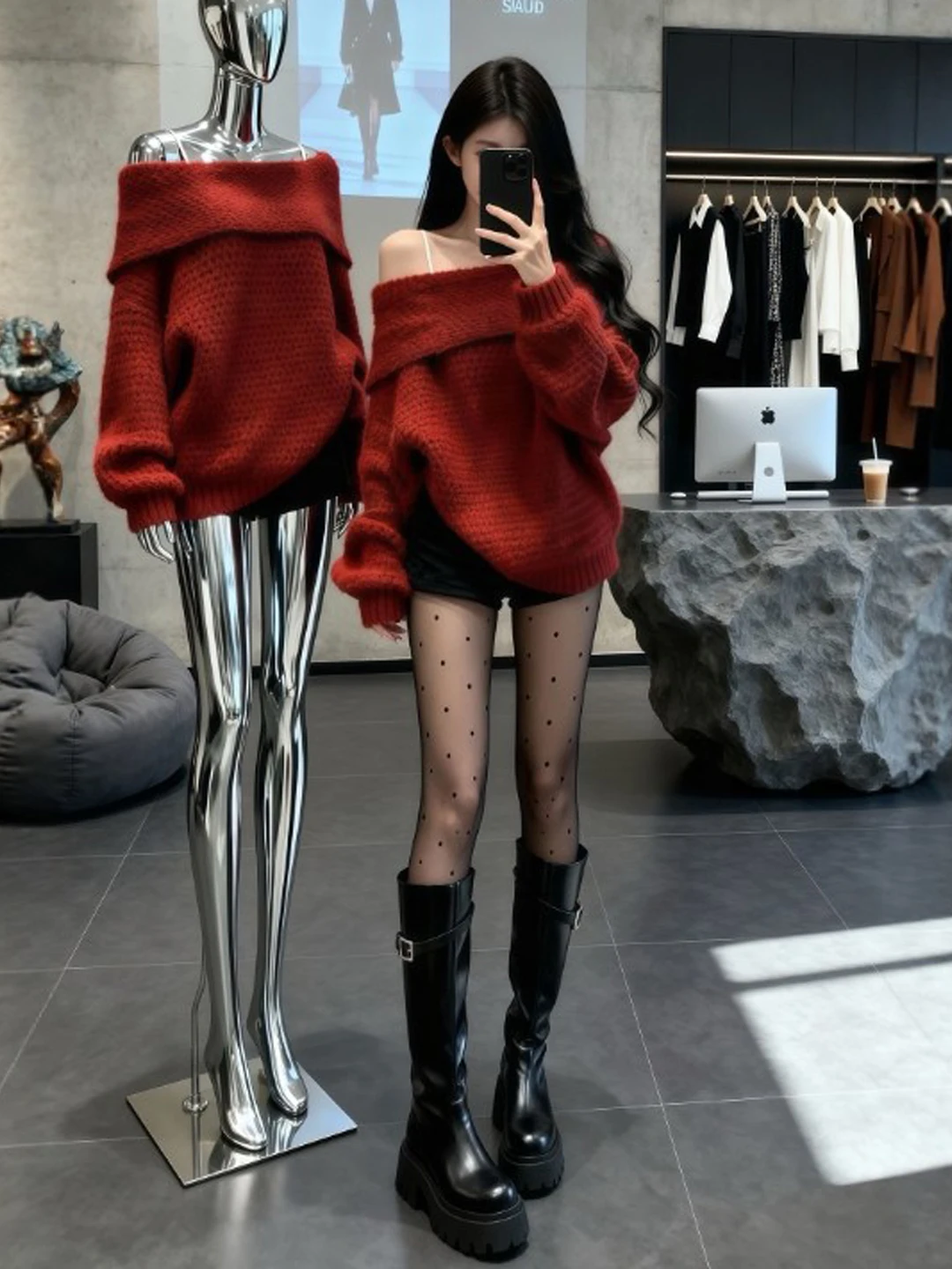 

Unique Vintage Red One oulder Sweater And orts Two Piece Set Ele Spring Faion Casual Comfortable Cotton Blend