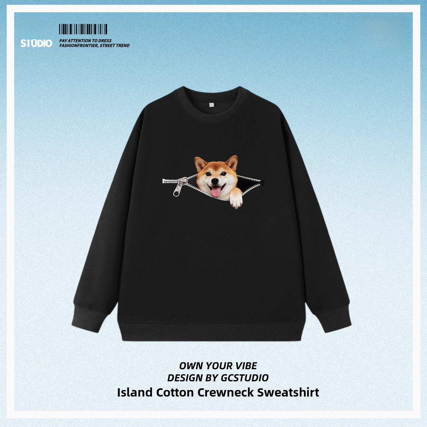 Zipped Zipper Shiba Inu Smile Tongue out Dog Fun round Neck Sweatshirt Unisex Half Sleeve Cotton Island Creative Fun Sweatshirt