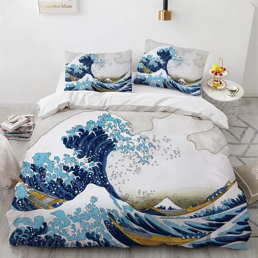 Wave Duvet Cover Set Hokusai Pattern Japanese Ukiyoe Quilt Cover Oriental Sketch Style Ocean Queen Twin Polyester Bedding Set