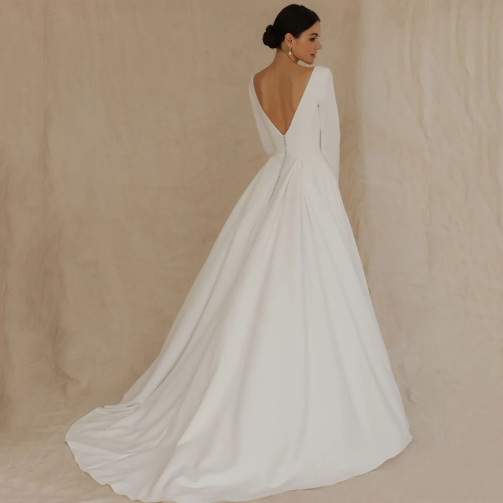 

Simple A-Line Wedding Dresses Deep V Neck Bride Robe Long Sleeves Bridal Gowns Elegant Vestidos De Noiva