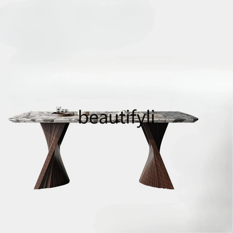 Italian light luxury marble long dining table, modern simple light luxury walnut color dining table and chair combination