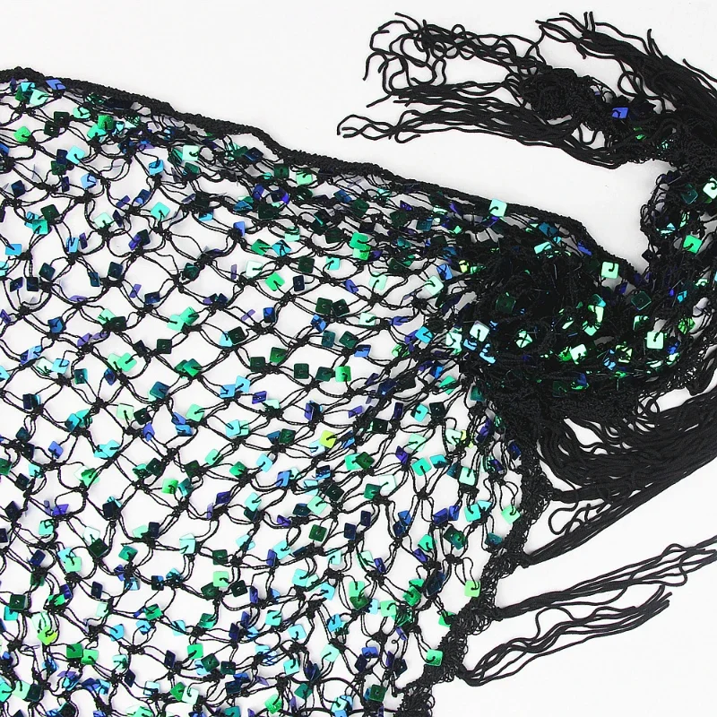 Green/gold/silver belly dance accessories with shiny crochet waistband sequins, hip scarf, tassel wrap waist handkerchief