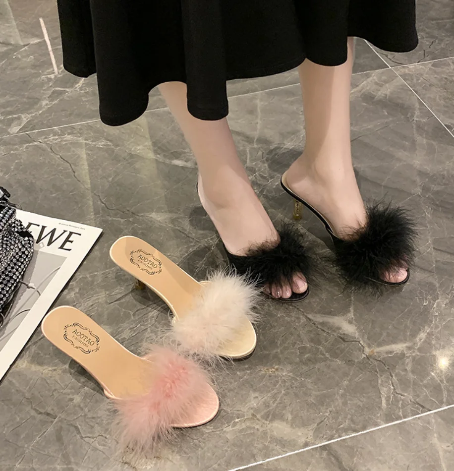 

Женские тапочки на высоком каблуке, меховые туфли на шпильке с открытым носком, женские современные сандалии, Zapatillas Mujer, новые летние пикантные вечерние модельные туфли