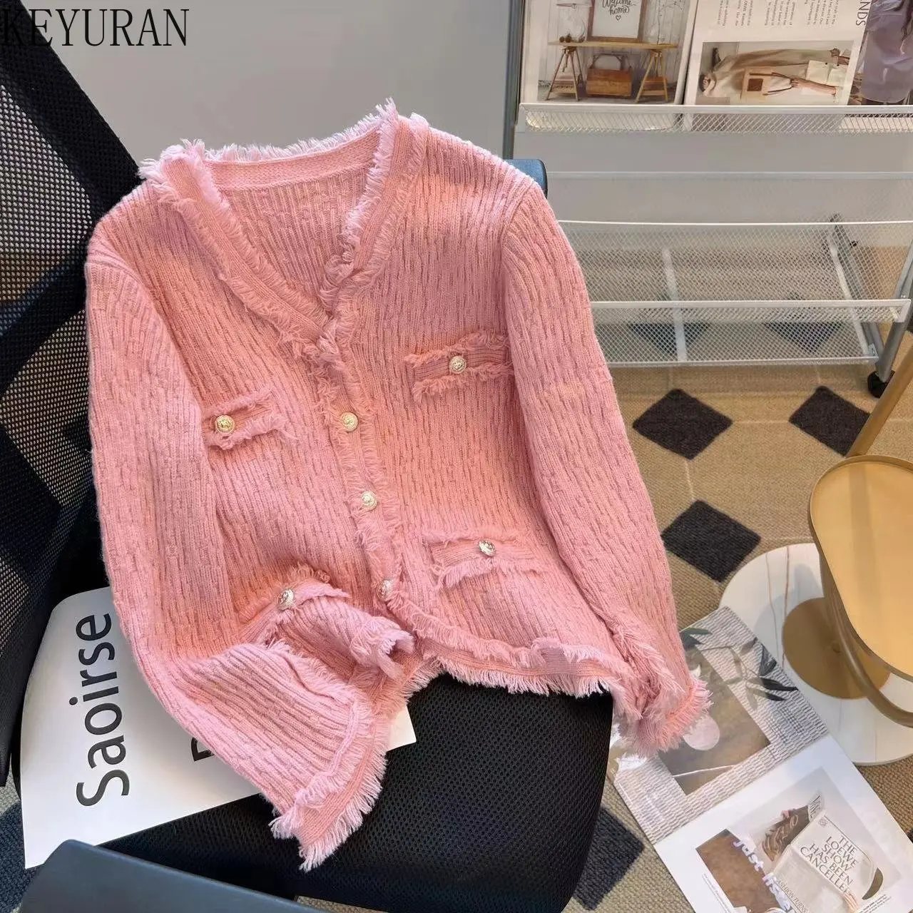 Green Tassel Knitted Cardigans Women Autumn Winter Solid V Neck Korean Fashion Single Breasted Office Lady Women Sweaters Mujer