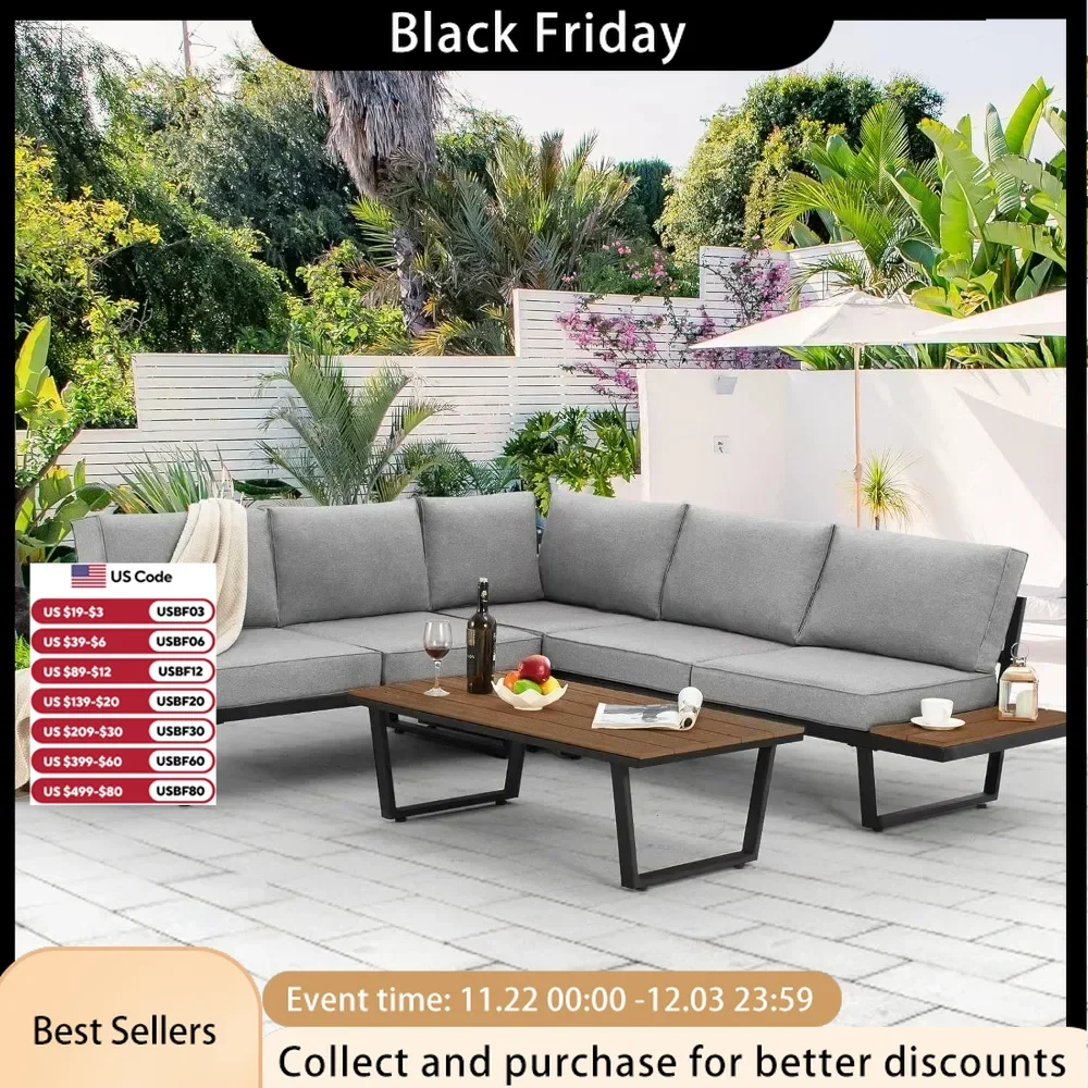 4 Pieces Outdoor Sectional Sofa Set with Coffee Table, 91''×91''Extra Large L-Shaped Metal Conversation Set with Weather Cushion