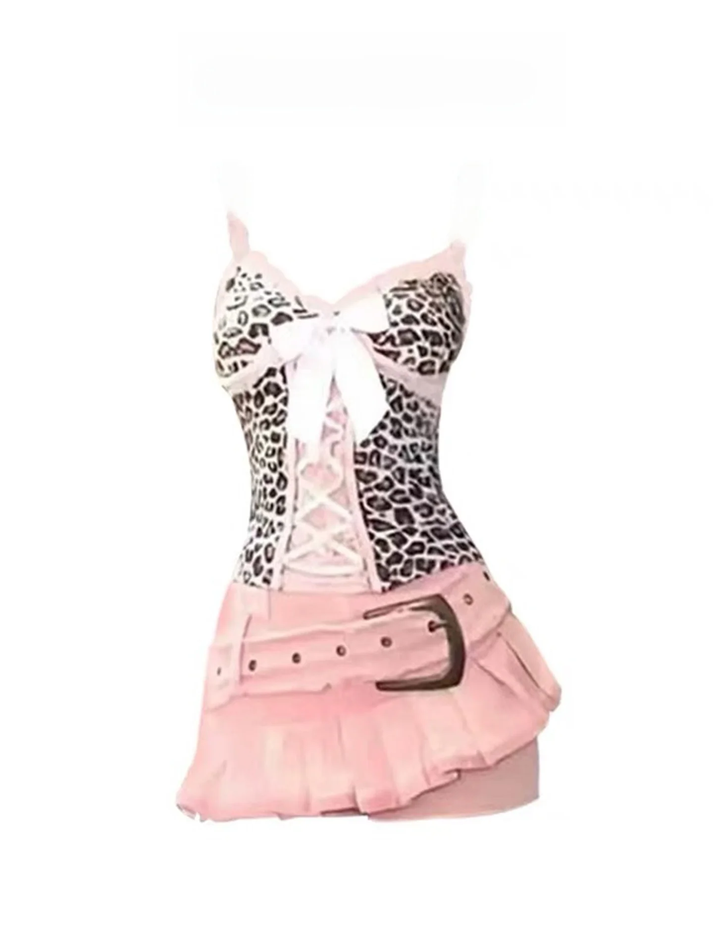 

Sexy Lace Leopard Print Two-Piece Set for Women V-Neck Sleeveless Pink Pleated Skirt And Lace Top Summer Fashion Ensemble