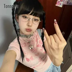 Tonngirls Korean Style Cotton T Shirt Women Short Sleeve Butterfly Y2k Vintage Tops Streetwear 2000s Pink Skinny Tshirts Summer