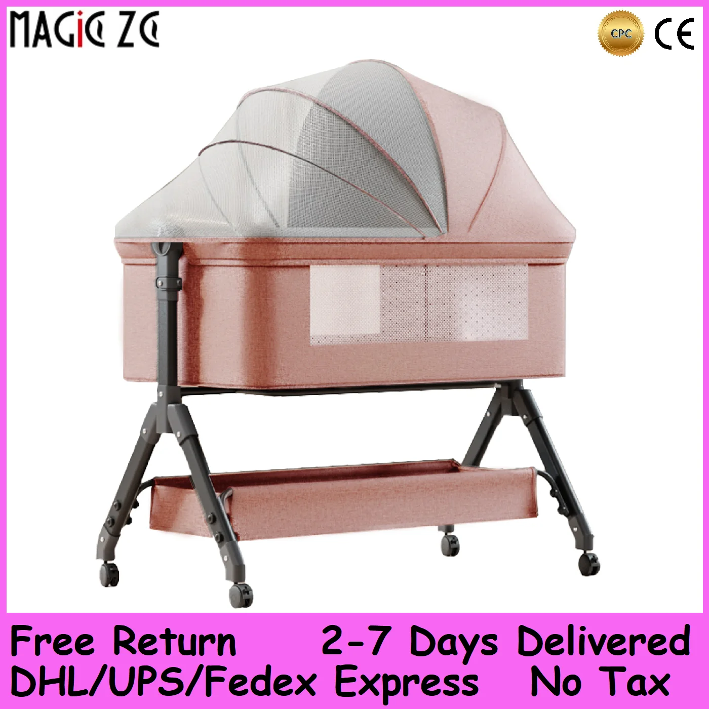 

Portable Baby Bassinet with Wheels & Storage: Foldable Crib, 5° Anti-Choking Tilt, Removable Mosquito Net, Adjustable Height