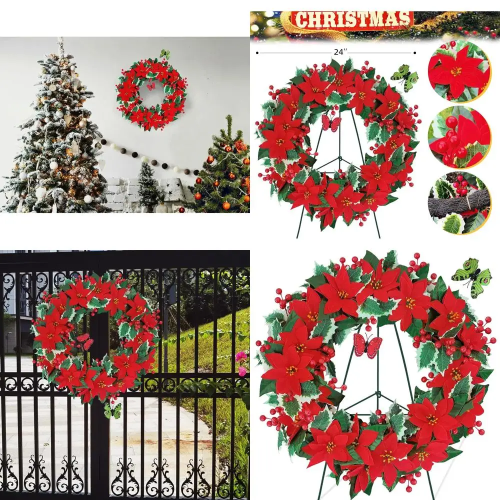 

Наружный рождественский венок для кладбищенских гравю, 24 красных пуансеттии и ягоды, с 30-подставкой для мольберта
