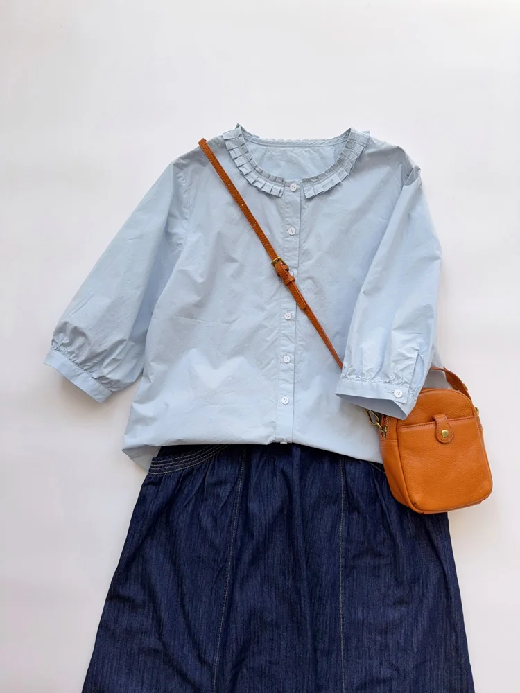 

Blue Ruffle Collar Seven Sve Cotton irt Women's Summer Versatile Pure Cotton Design Unique Top Commute Sle Loose Fit