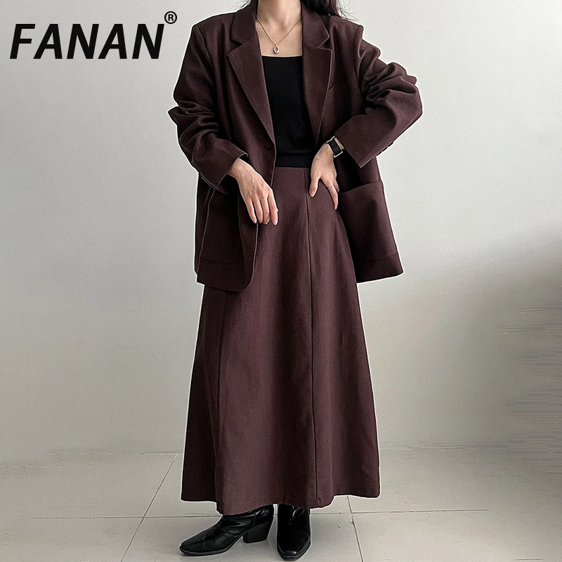 

FANAN Elegant Linen 2 Piece Set For Women Single Breasted Fit Blazers+high Waist A-line Mid-length Skirts 2025 Autumn New