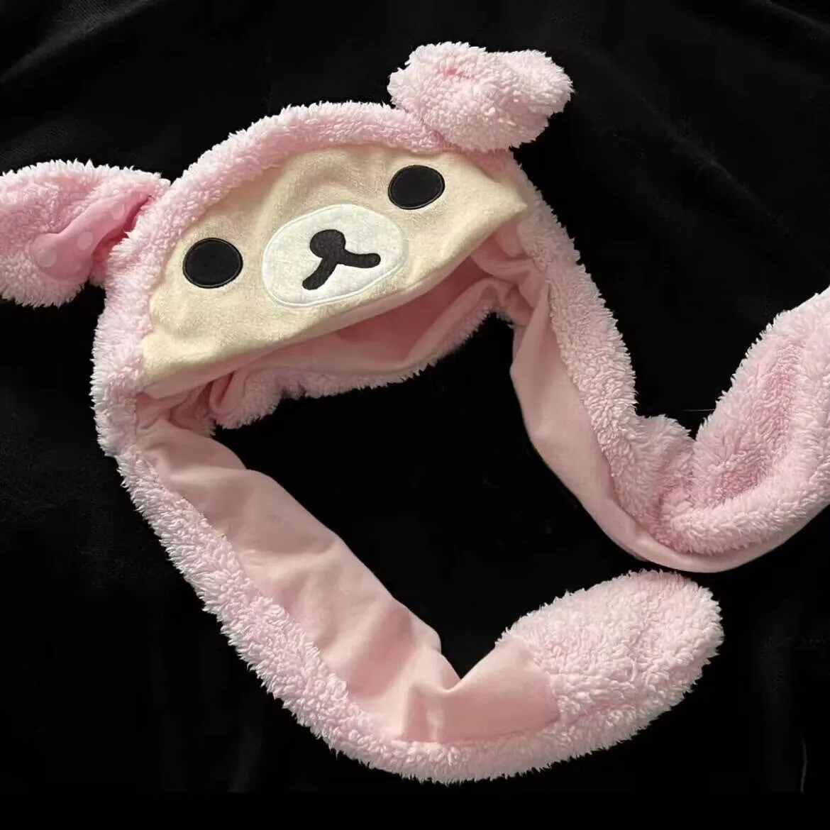 Cute Rilakkuma Korilakkuma Bear Pink Rabbit Bunny Moving Ears Hat Hood Winter Hats For Women Girls Kids Cartoon Anime Warm Cap