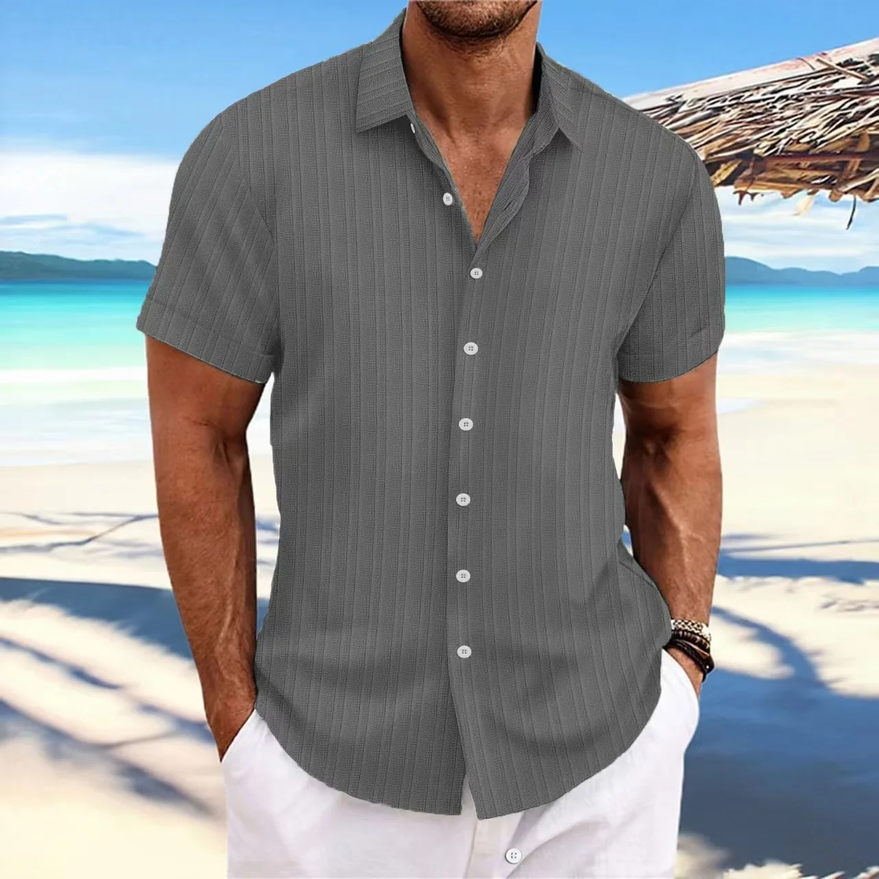 Camicia a maniche corte allentata casual jacquard di tendenza a righe in cotone e lino da uomo 2024