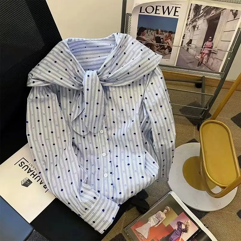 

Korean Polka Dot Bow Lacing Long Sleeve Blouse Female Autumn Sailor Collar Temperament Striped Shirts Women's Printing Top Tee