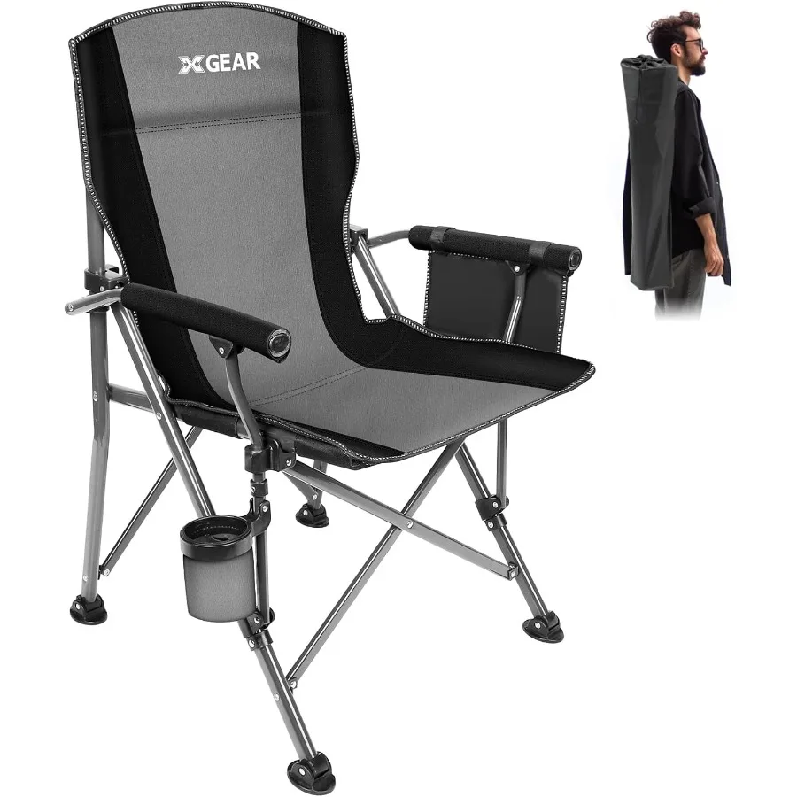 

Camping Chair with Padded Hard Armrest Sturdy Folding Camp Chair with Cup Holder Storage Pockets Carry Bag Included Suppo