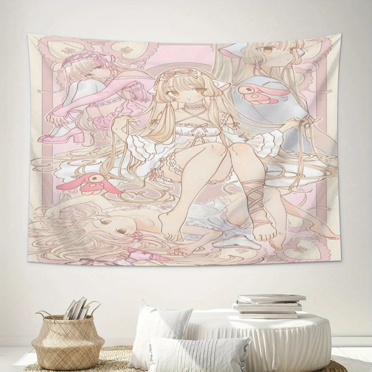

Chobits Anime Inspired Wall Hanging Tapestry with Pink Roses Anime Character Design for Office or Study Decor Study Room Decor