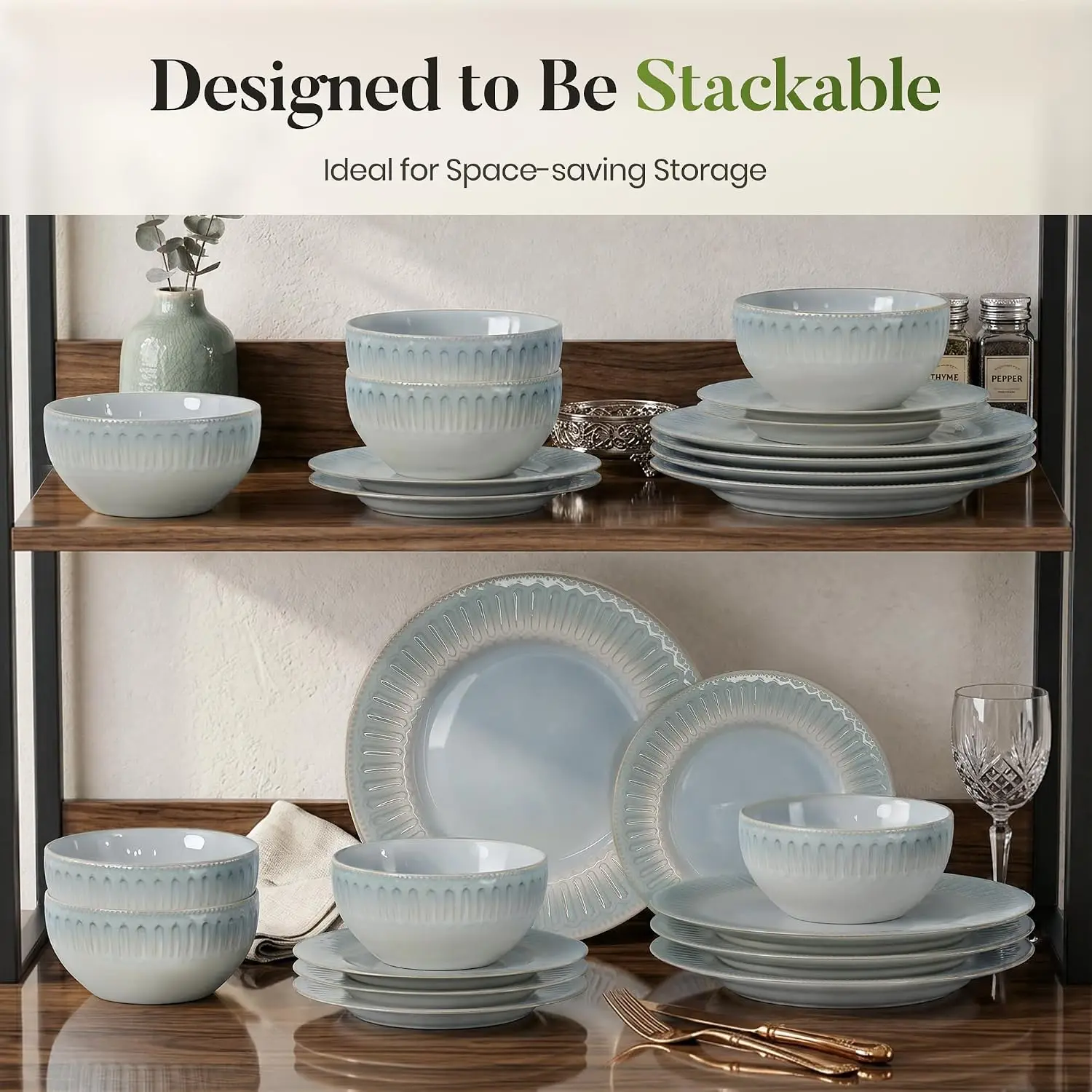 24-Piece Stoneware Dinnerware Sets for 8, Kitchen Ceramic Plates and Bowls Set Non Toxic, Blue Embossed Dishes view 6