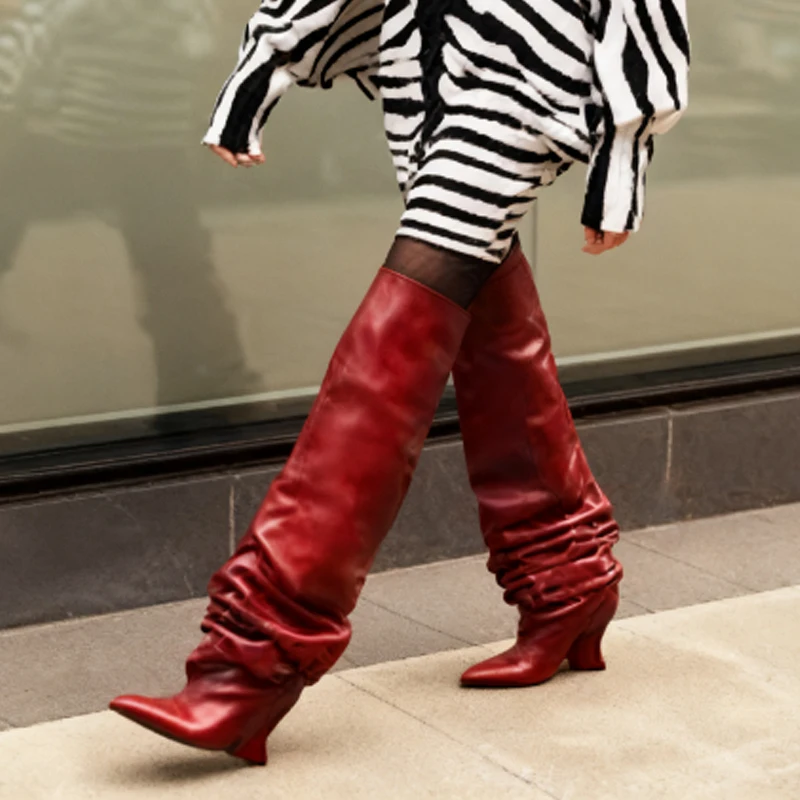 

Wine Red Leather Slouchy Over-The-Knee Wedge Boots Woman Winter 2026 Black Slip-On Pointed Toe Pleated Thigh Boots Fashion Shoes