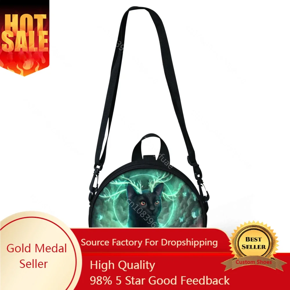 Retro Witchcraft Black Cat Circular Messenger Bags For Women Boys Crossbody Satchel Gothic Girls Round Shoulder Bags