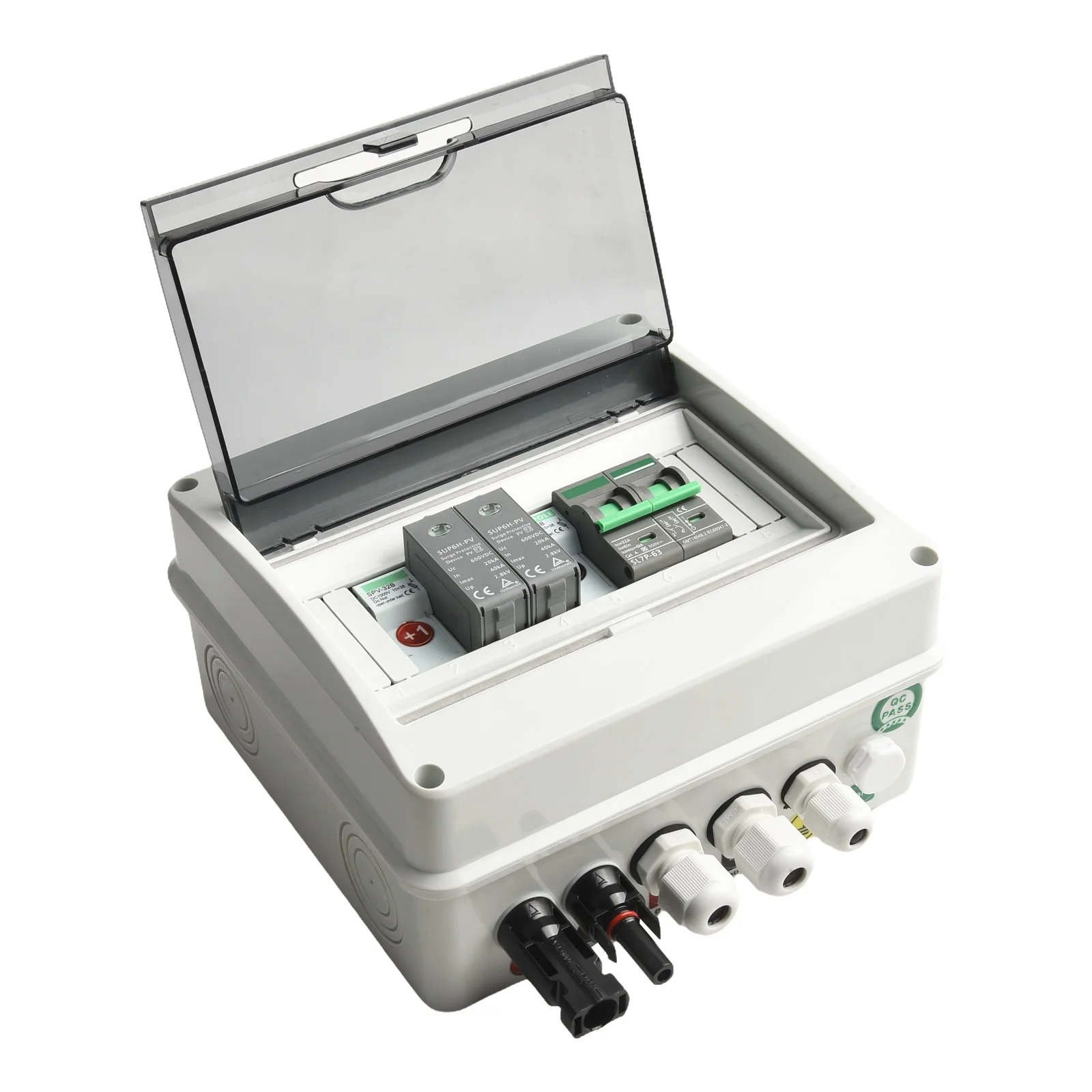 600V Solar Combiner Box 1In1Out IP65 Rated PC + Plastic Housing with 63A DC Breaker for Rooftop PV Applications