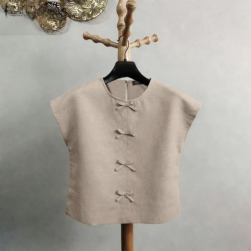 

ZANZEA Summer Blouse Women Fashion Short Sleeve Bow Casual Shirts 2026 Loose Solid Elegant Office Work Lady Tops Tunic Blusas