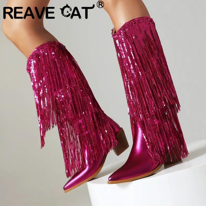 REAVE CAT Sexy Women Knee High Boots Slip On Tassels 47 48 Party Autumn Booties Female mujer Casual Pointed Toe Block Heels 6cm