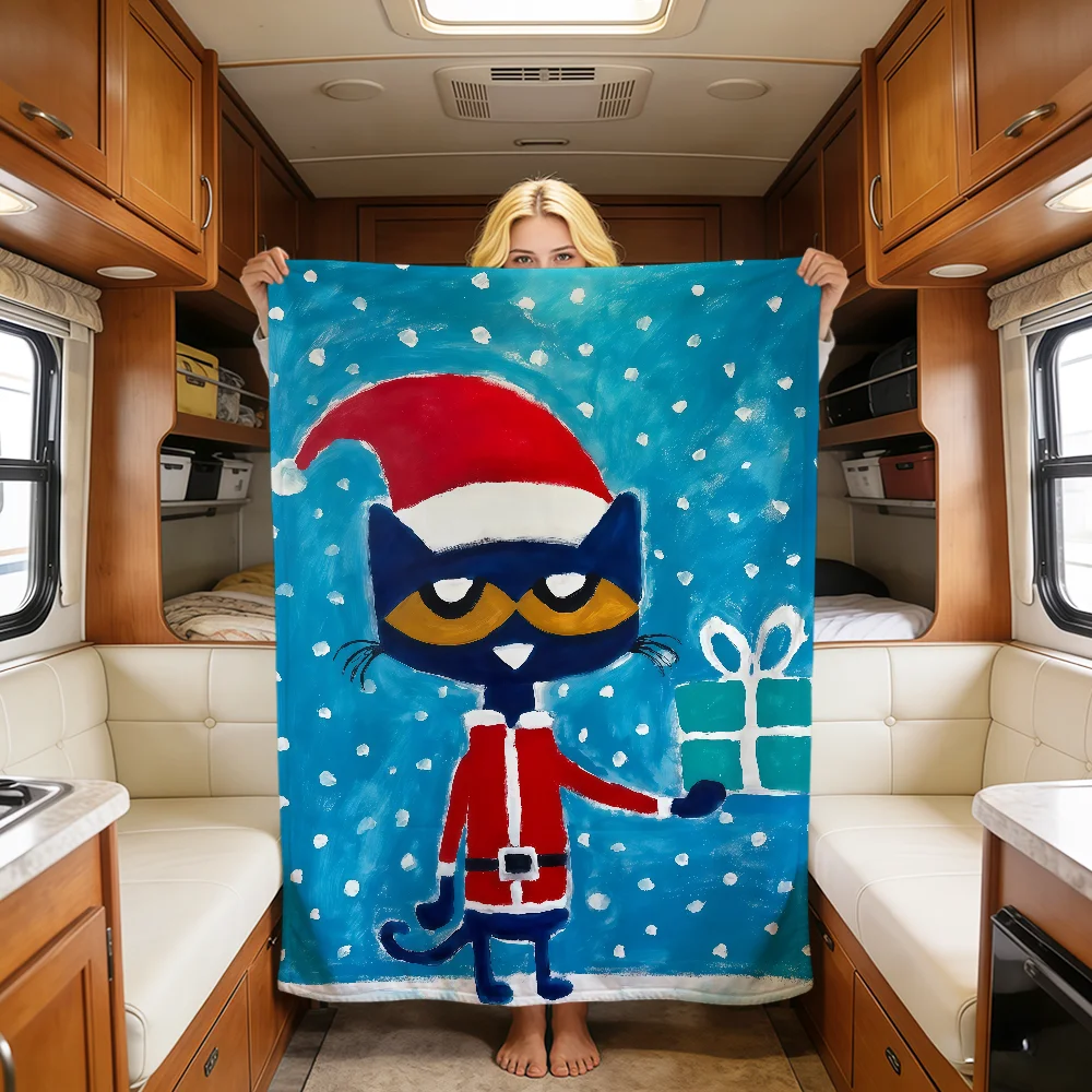 Cute Funny Art P-Pete The Cat Art Christmas Soft Warm Plush Blanket Dorm Sofa Living Room Hogar Bedroom Gift Nap Home Flannel