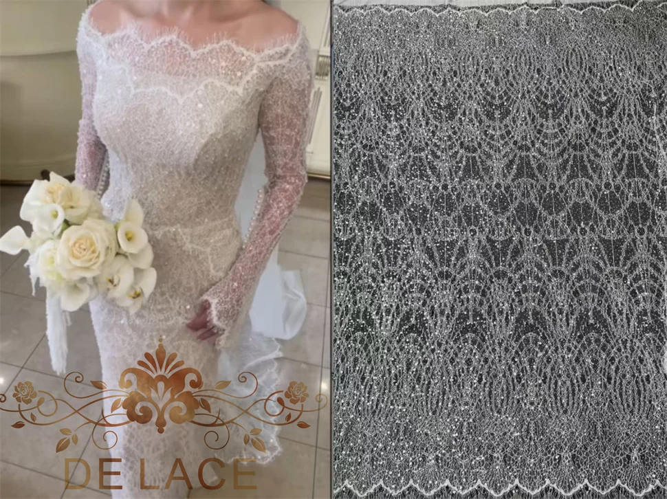 

Luxury Shining Sequins Lace Elegant Vintage Eyelash Fabric European Style Wedding Dress Lace Fabric