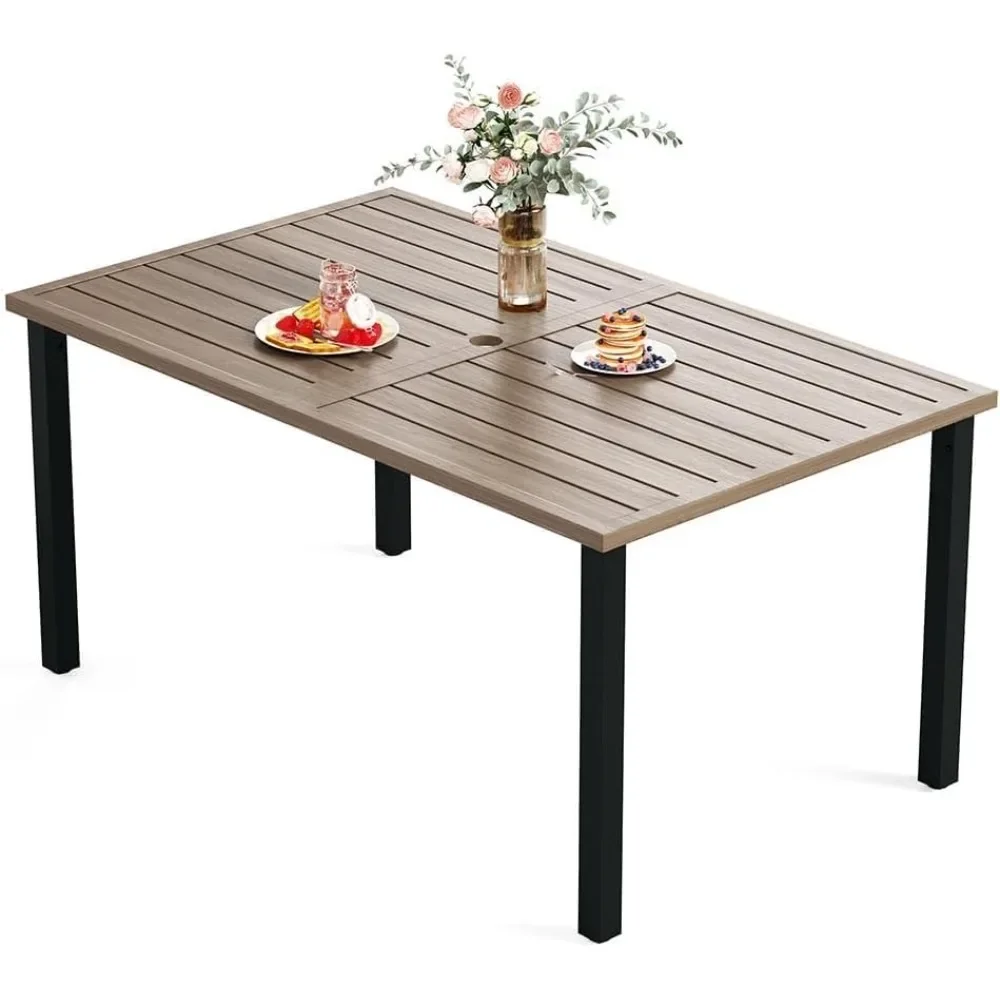 Outdoor Dining Table for 6,Rectangular Metal Patio Table with Umbrella Hole,Weather Resistant Wood-Like Steel Slat Table