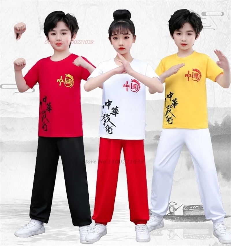 

2024 chinese children wushu uniforms kung fu training exercise martial arts wing chun suit chinese words print shirt+pants set