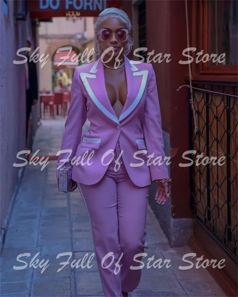Elegant Pink White Contrast Piping Women Suit 2 Pcs Slim Blazer Straight Pants Daily Travel Night Party Evening Cocktail Wear