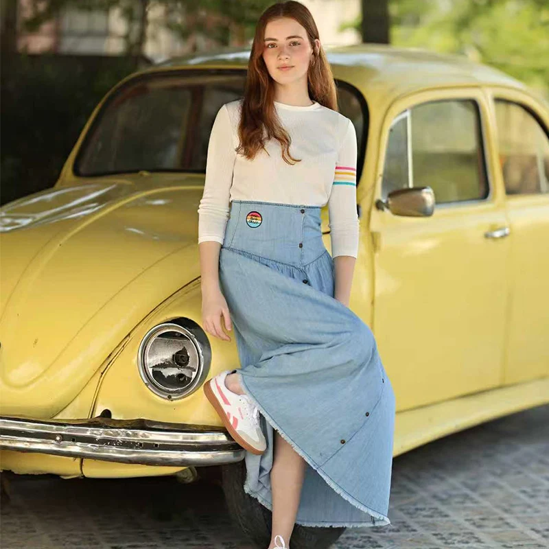 Summer kids clothes denim blue boy and girl dress t-shirt top set baby romper skirt colorful embroidery stripes children outfit