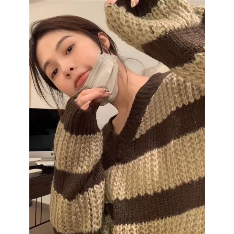 Brown Stripes Sweater Winter Women\'s Clothing Baggy Thick Warm Vintage V Neck Soft and Waxy Knitting Pullover Tops Wool Sweater