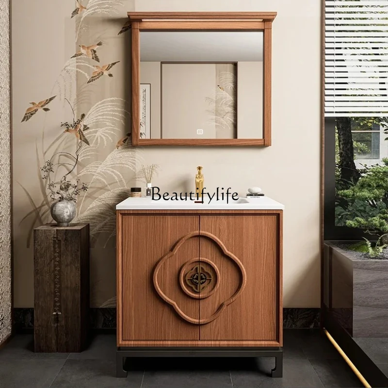 

New Chinese-style floor-to-ceiling bathroom cabinet integrated basin washing table hand washbasin customization0420