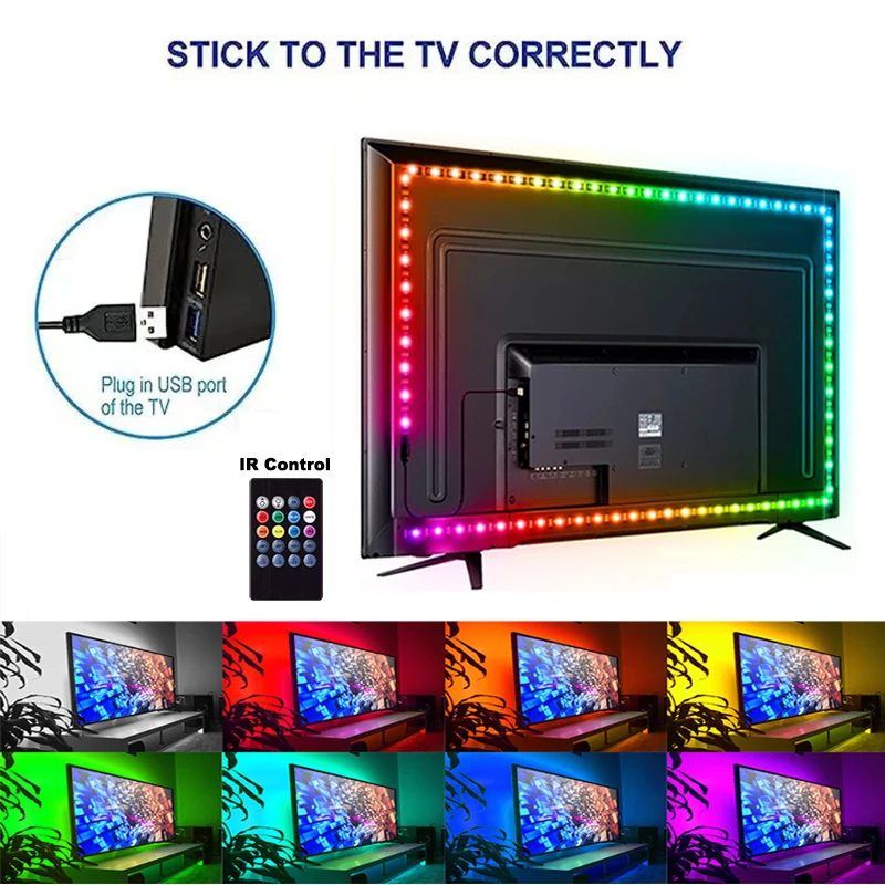 USB Music Sync RGB Led Strip Lights For TV Backlight Dimmable RGB Led Tape Smart Remote Control 5V RGB Led Ribbon Strip