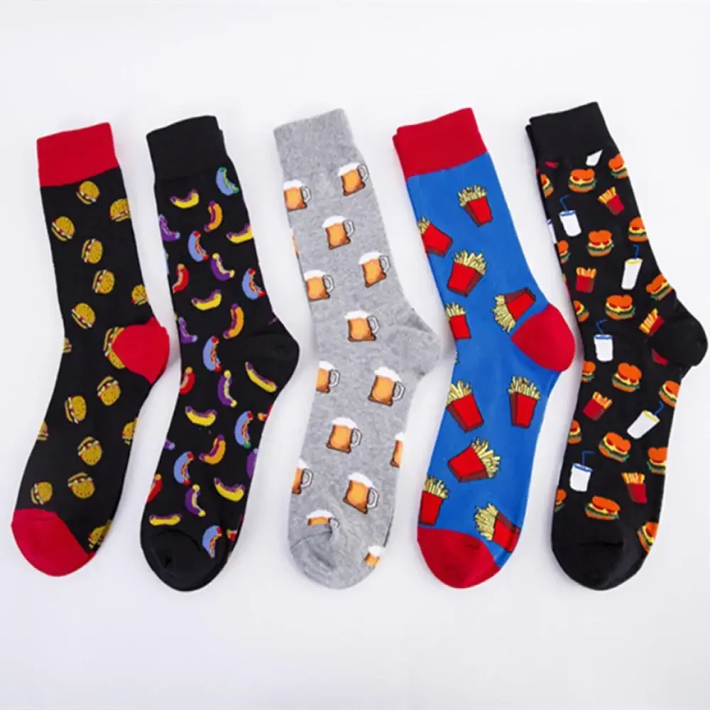 Foodie-Print Cotton Hosiery Roomy Men's Casual Chic Socks Western-Inspired Stylish Bulk Pricing Trendy Footwear Large Size