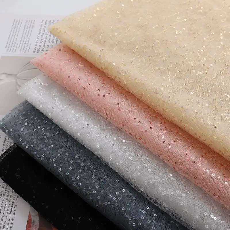 Glittery Tulle Lace Fabric By Meters for Curtains Dresses Clothing Sewing Plain Embroidery Sequined Wave Pattern Cloth Thin Soft