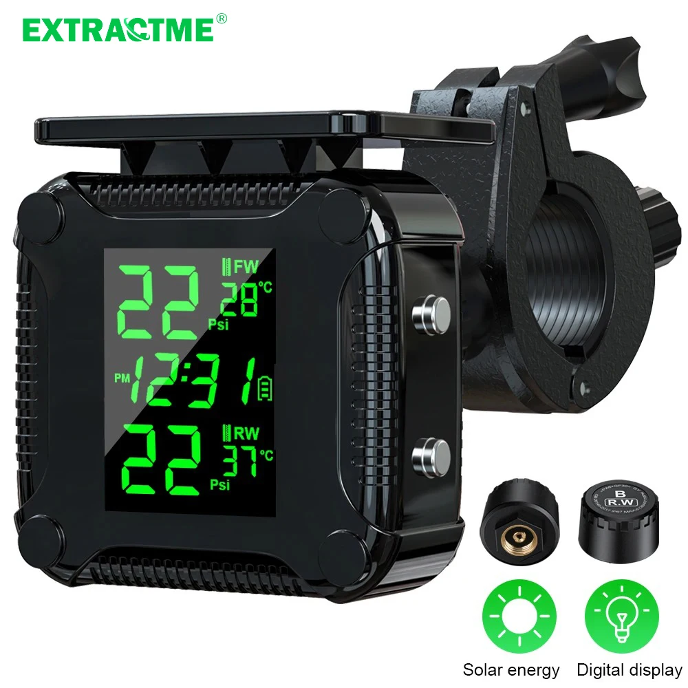 Extractme TPMS Motorcycle Tire Pressure Monitoring System Waterproof LCD Screen Temperature Display Bicycle Tire Pressure Alarm