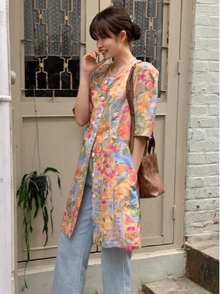 

Шикарный летний винтажный маленький квадратный воротник, цветная брова, картина маслом, принт, универсальное ort Dr для женщин, для поездок на работу, Sle Si...