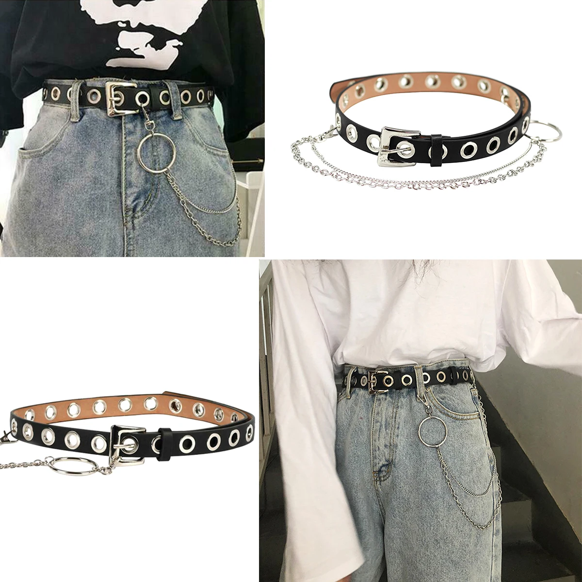 

Women's Punk Chain Belt Round Loop Women's Belt Chain Punk Style Hollow Out Eyelet Decorative Rivet Belt Adjustable