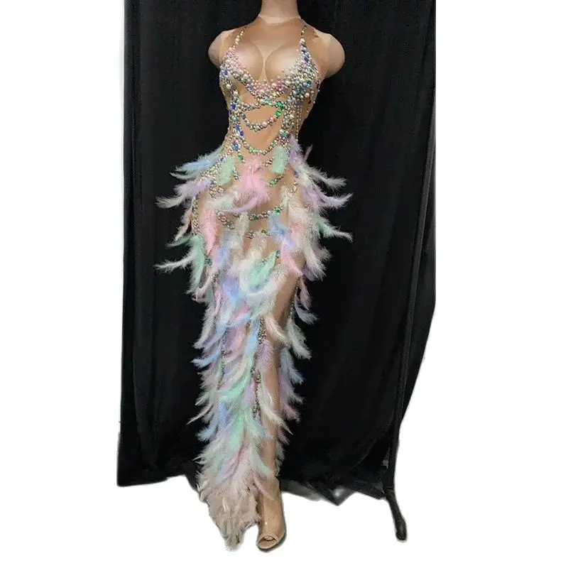 Colorful Feather Dress Sexy Women Singer Stage Show Outfit Crystal Stone Club Entertainer Party Dress Prom Social Costume