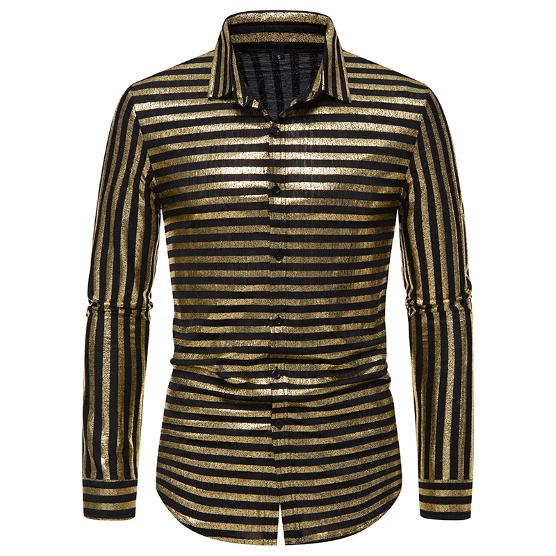 

Mens Vintage Striped Metallic 70s Disco Dance Shirt Long Sleeve Luxury Dress Shirts Nightclub Halloween Party Stage Costume 2024