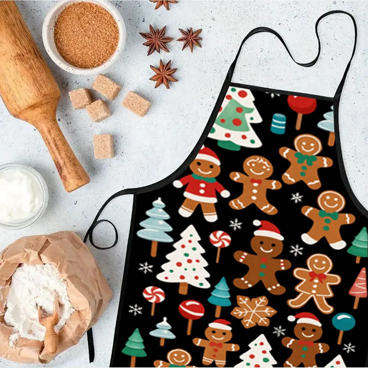 1pc Gingerbread Man Christmas Tree Print Apron for Baking, Painting, Cleaning & Cooking - Chef, Waiter, Cafe & BBQ Shop Apron