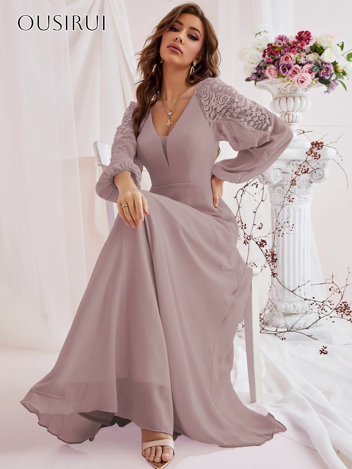 V-neck Chiffon Evening Dresses Lace Long Sleeves Pleated Ankle Length Party Gown Customized свадебное платье
