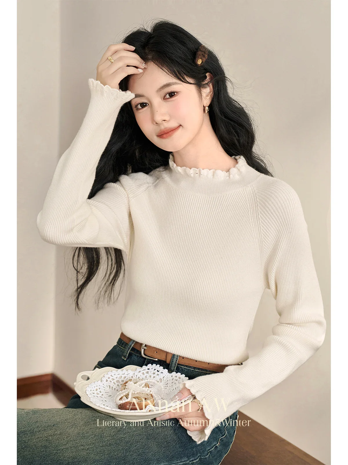 

ALXNAN Women's Temperament Apricot Sweaters Agaric Crochet Round Collar&cuff Long Sleeve 2024 Fall Winter Knitted Jumper L50929