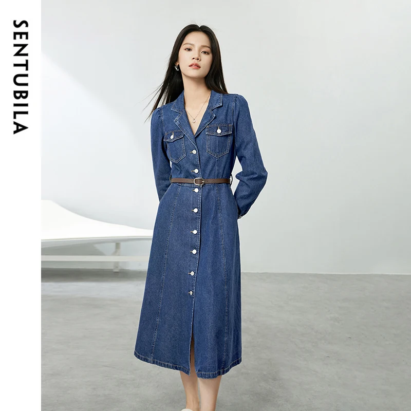 

SENTUBILA A-line Cotton Denim Dress Women 2024 Fall Winter Retro Washed Turn Down Collar Single Breasted Long Dress W41L54202X